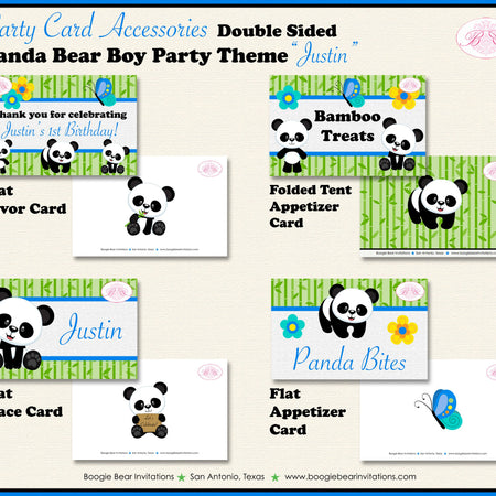Panda Bear Birthday Party Favor Card Tent Place Food Boy Blue Flower Butterfly Jungle Zoo Animals Green Boogie Bear Invitations Justin Theme