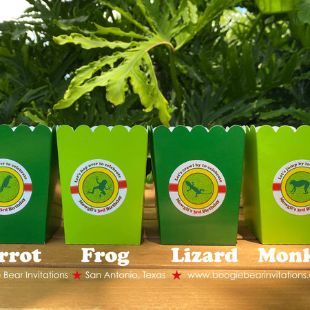Rainforest Party Popcorn Boxes Mini Food Birthday Rain Forest Girl Boy Green Parrot Monkey Frog Reptile Boogie Bear Invitations Mowgli Theme