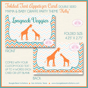 Orange Giraffe Baby Shower Favor Card Tent Place Appetizer Food Sign Label Tag Teal Green Africa Boogie Bear Invitations Kelly Theme Printed