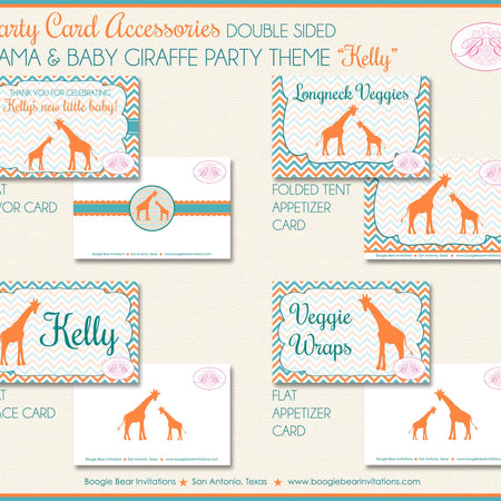 Orange Giraffe Baby Shower Favor Card Tent Place Appetizer Food Sign Label Tag Teal Green Africa Boogie Bear Invitations Kelly Theme Printed