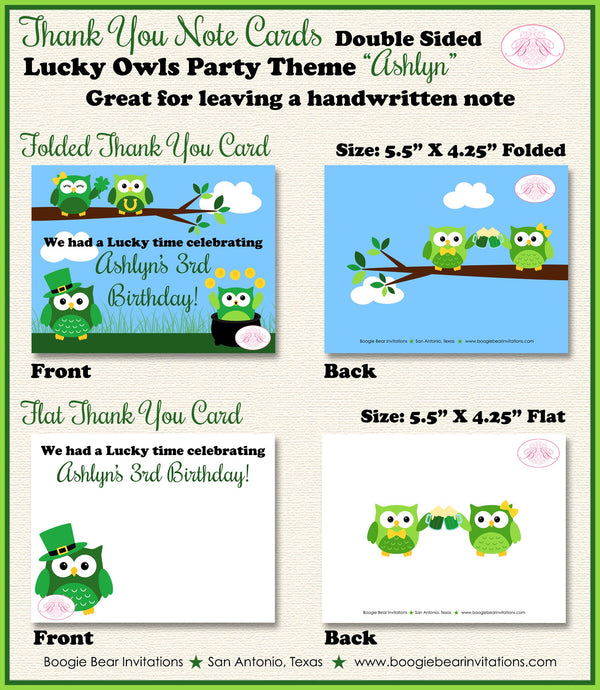 St. Patrick's Day Owls Party Thank You Card Birthday Girl Boy Green Shamrock 4 Leaf Clover Luck Boogie Bear Invitations Ashlyn Theme Printed