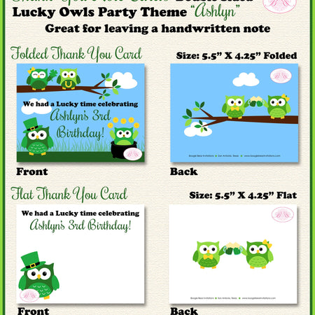 St. Patrick's Day Owls Party Thank You Card Birthday Girl Boy Green Shamrock 4 Leaf Clover Luck Boogie Bear Invitations Ashlyn Theme Printed