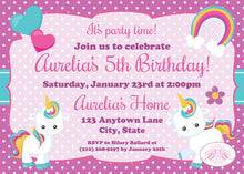 Load image into Gallery viewer, Rainbow Unicorn Birthday Party Invitation Girl Purple Pink Hors Pony Heart Boogie Bear Invitations Aurelia Theme Paperless Printable Printed