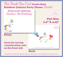 Load image into Gallery viewer, Rainbow Unicorn Party Thank You Card Birthday Girl Pink Blue Purple Pony Horse Heart Flower Boogie Bear Invitations Aurelia Theme Printed