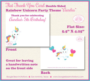 Rainbow Unicorn Party Thank You Card Birthday Girl Pink Blue Purple Pony Horse Heart Flower Boogie Bear Invitations Aurelia Theme Printed