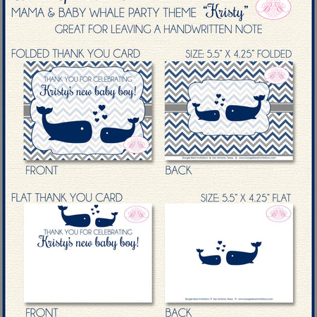 Navy Blue Whale Baby Shower Thank You Card Favor Boy Girl Party Grey Silver White Chevron 1st Boogie Bear Invitations Kristy Theme Printed