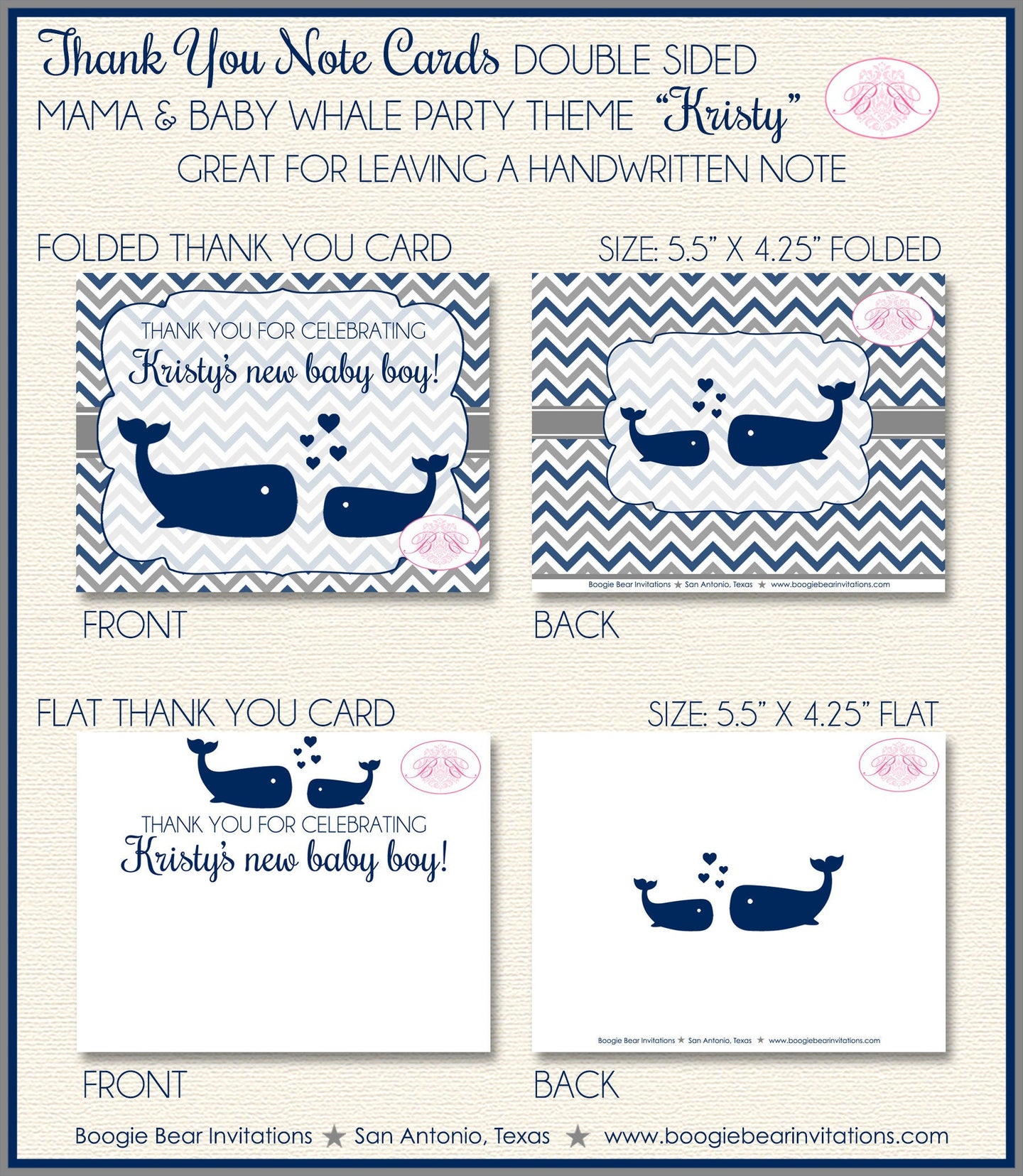 Navy Blue Whale Baby Shower Thank You Card Favor Boy Girl Party Grey Silver White Chevron 1st Boogie Bear Invitations Kristy Theme Printed