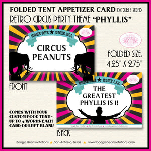 Circus Showman Favor Party Card Place Tent Pink Girl 3 Ring Big Top Greatest Show On Earth Yellow Blue Boogie Bear Invitations Phyllis Theme