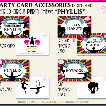 Circus Showman Favor Party Card Place Tent Pink Girl 3 Ring Big Top Greatest Show On Earth Yellow Blue Boogie Bear Invitations Phyllis Theme