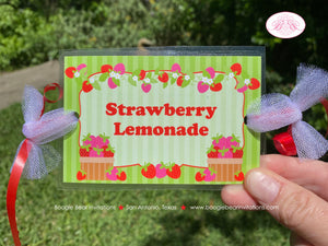 Pink Strawberry Party Beverage Card Wrap Drink Label Sign Birthday Girl Red Green Flower Stripe Berry Boogie Bear Invitations Felicity Theme