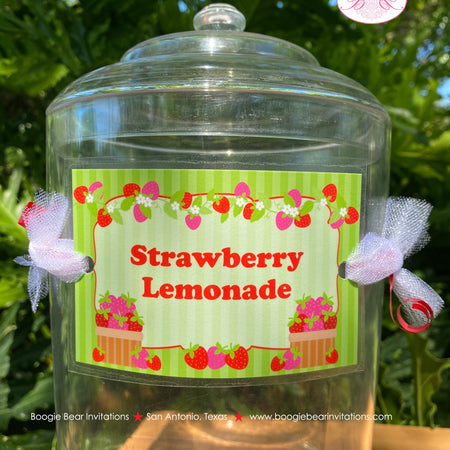 Pink Strawberry Party Beverage Card Wrap Drink Label Sign Birthday Girl Red Green Flower Stripe Berry Boogie Bear Invitations Felicity Theme