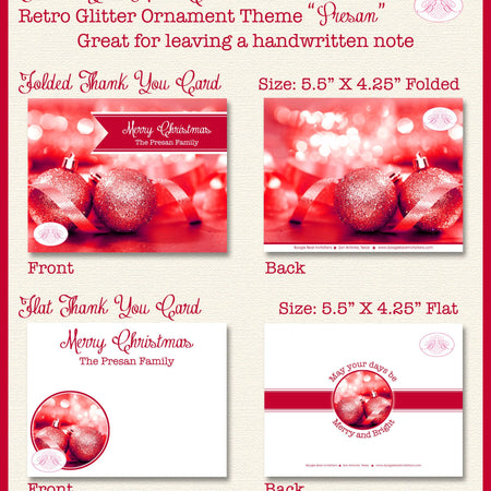 Red Ornament Holiday Party Thank You Cards White Winter Holiday Cheer Glitter Christmas Bokeh Boogie Bear Invitations Presan Theme Printed