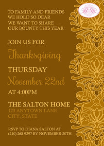Thanksgiving Dinner Party Invitation Elegant Damask Dinner Lunch Gold Brown Boogie Bear Invitations Salton Theme Paperless Printable Printed
