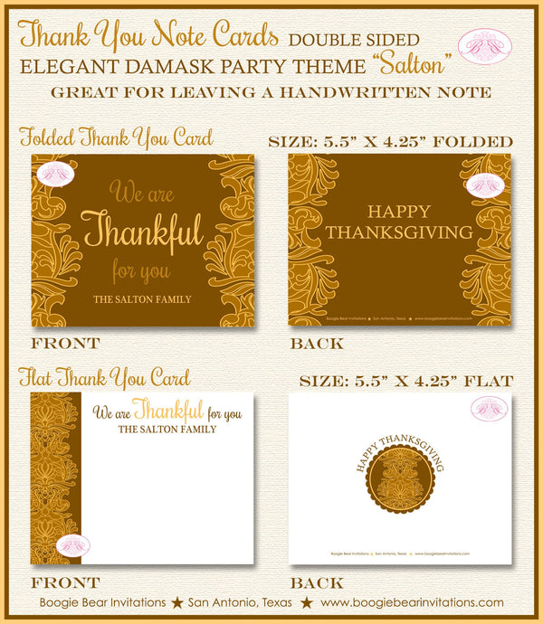 Thanksgiving Dinner Thank You Cards Flat Folded Note Elegant Damask Formal Dinner Gold Autumn Boogie Bear Invitations Salton Theme Printed