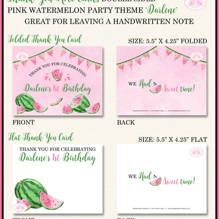 Pink Watermelon Birthday Thank You Card Party Girl Flat Folded One In a Melon Green Two Sweet Boogie Bear Invitations Darlene Theme Printed