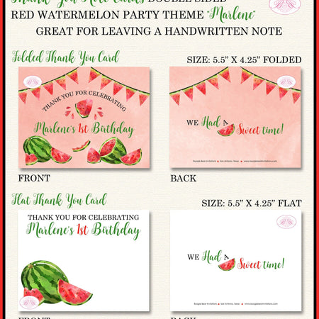Red Watermelon Birthday Thank You Card Party Note Flat Folded One In a Melon Green Two Sweet Boogie Bear Invitations Marlene Theme Printed