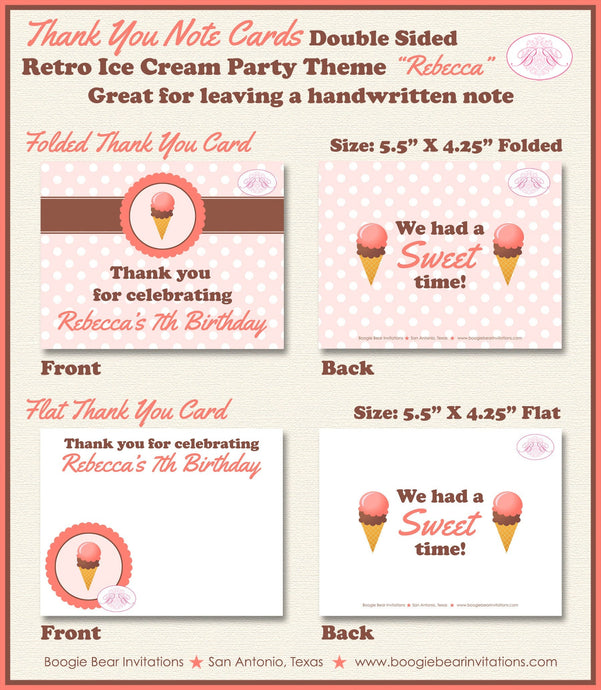 Ice Cream Birthday Party Thank You Card Retro Sweet Summer Girl Vintage Scoop Sweet Pink Coral Boogie Bear Invitations Rebecca Theme Printed