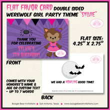 Load image into Gallery viewer, Werewolf Girl Birthday Favor Party Card Tent Place Halloween Full Moon Pink Black Purple Spider Boogie Bear Invitations Sylvie Theme Printed
