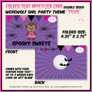 Werewolf Girl Birthday Favor Party Card Tent Place Halloween Full Moon Pink Black Purple Spider Boogie Bear Invitations Sylvie Theme Printed