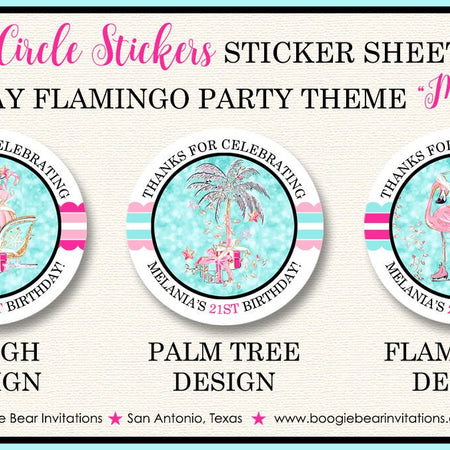 Pink Flamingo Birthday Party Stickers Circle Sheet Round Girl Holiday Christmas Aqua Winter Tropical Boogie Bear Invitations Melania Theme