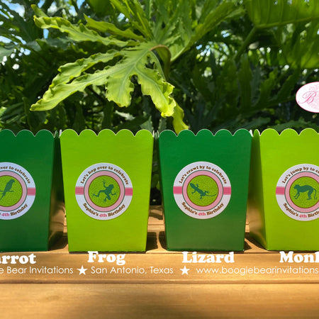 Rainforest Party Popcorn Boxes Mini Food Birthday Rain Forest Girl Pink Green Parrot Monkey Frog Jungle Boogie Bear Invitations Sophia Theme