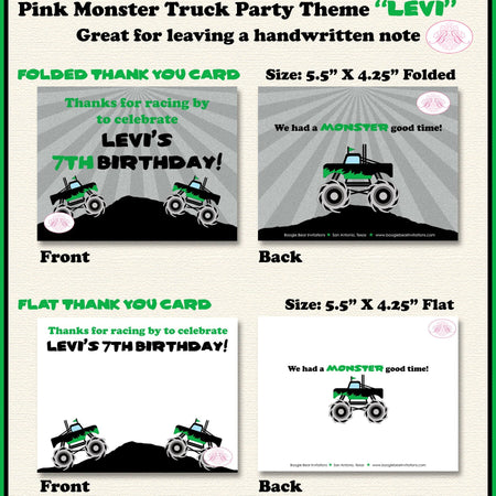 Green Monster Truck Birthday Party Thank You Card Black Favor Smash Up Show Arena Racing Crash Boogie Bear Invitations Levi Theme Printed