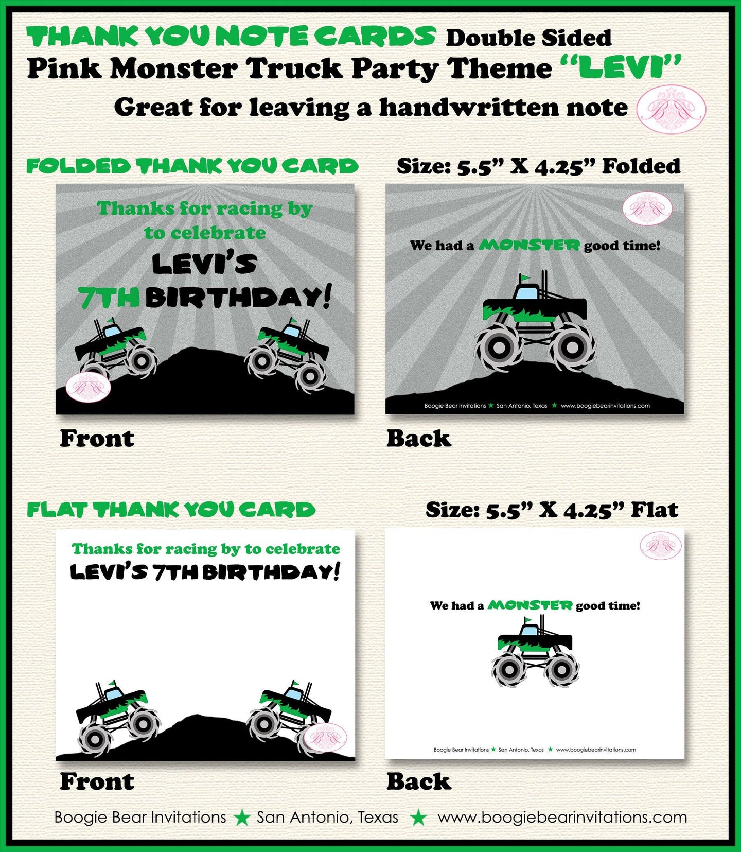 Green Monster Truck Birthday Party Thank You Card Black Favor Smash Up Show Arena Racing Crash Boogie Bear Invitations Levi Theme Printed