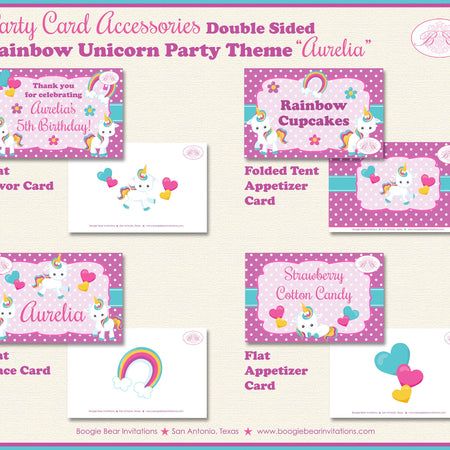Rainbow Unicorn Birthday Party Favor Card Appetizer Food Folded Tent Pink Purple Magic Horse Boogie Bear Invitations Aurelia Theme Printed