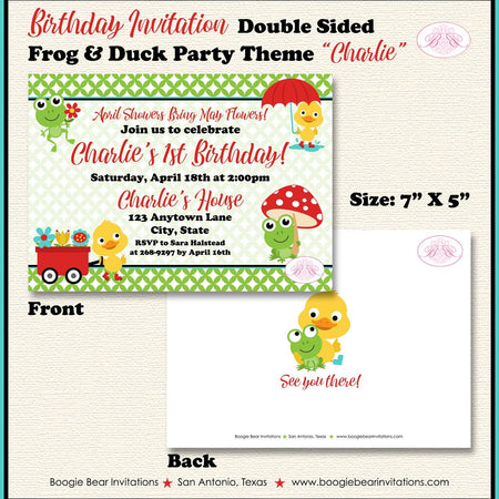 Frog Duck Spring Birthday Party Invitation Splash Garden Girl Boy Flowers Boogie Bear Charlie Invitations Theme Paperless Printable Printed