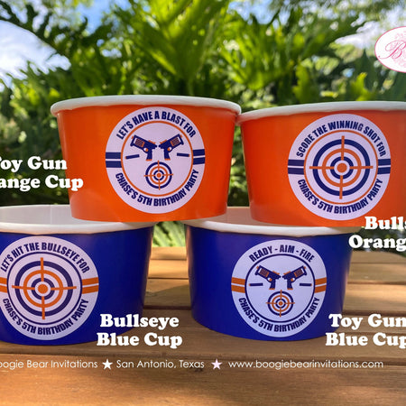 Toy Dart Gun Party Treat Cups Food Buffet Paper Birthday Boy Girl Bullseye Orange Blue Sports Foam Fight Boogie Bear Invitations Chase Theme