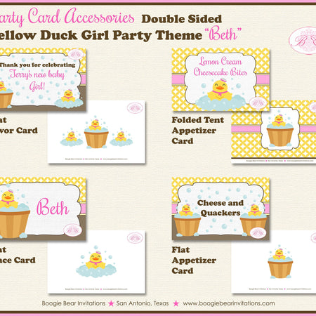 Yellow Rubber Duck Baby Shower Favor Card Tent Appetizer Food Little Duckie Ducky Pink Girl Bath Boogie Bear Invitations Beth Theme Printed