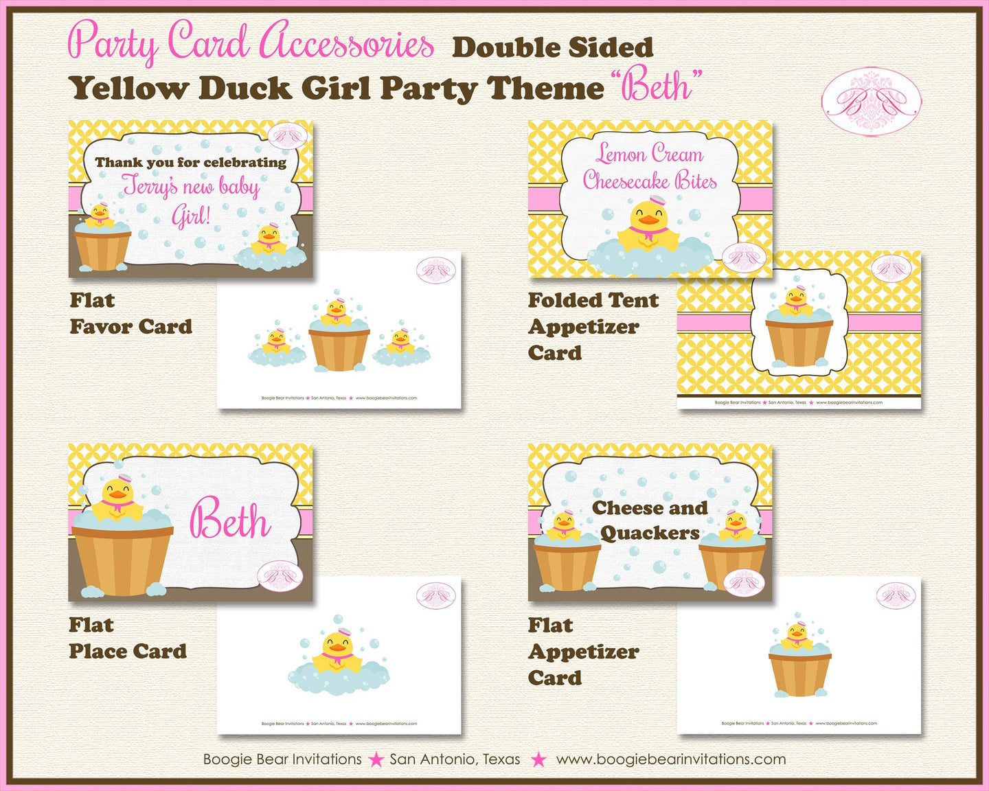 Yellow Rubber Duck Baby Shower Favor Card Tent Appetizer Food Little Duckie Ducky Pink Girl Bath Boogie Bear Invitations Beth Theme Printed