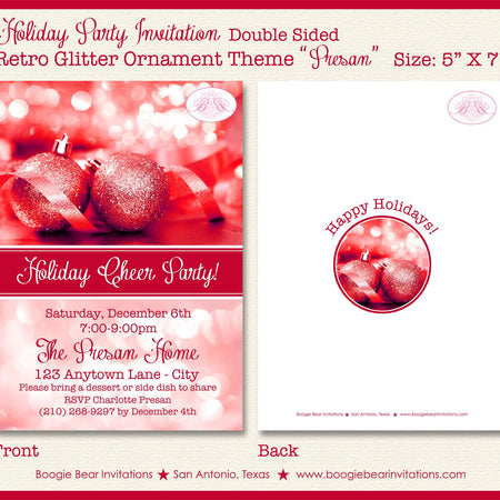Red Ornament Christmas Party Invitation Winter Holiday Cheer Glitter Bokeh Boogie Bear Invitations Presan Theme Paperless Printable Printed