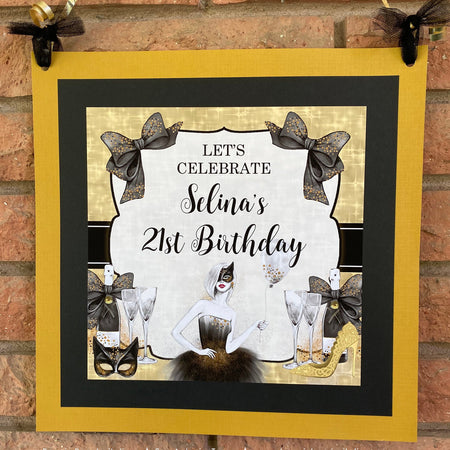 Halloween Masquerade Birthday Party Door Banner Black Gold Costume Cat Mask Champagne Dress Formal Ball Boogie Bear Invitations Selina Theme