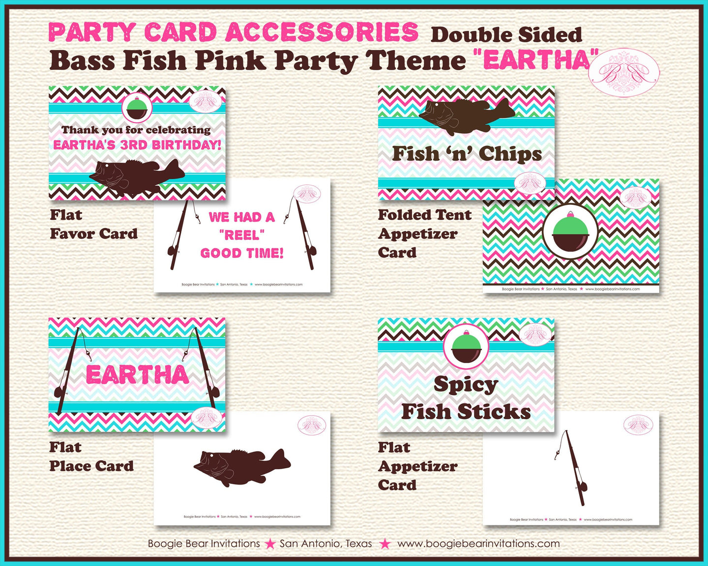 Bass Fish Birthday Favor Party Card Tent Place Food Appetizer Folded Tag Girl Pink Pole Fishing Reel Boogie Bear Invitations Eartha Theme