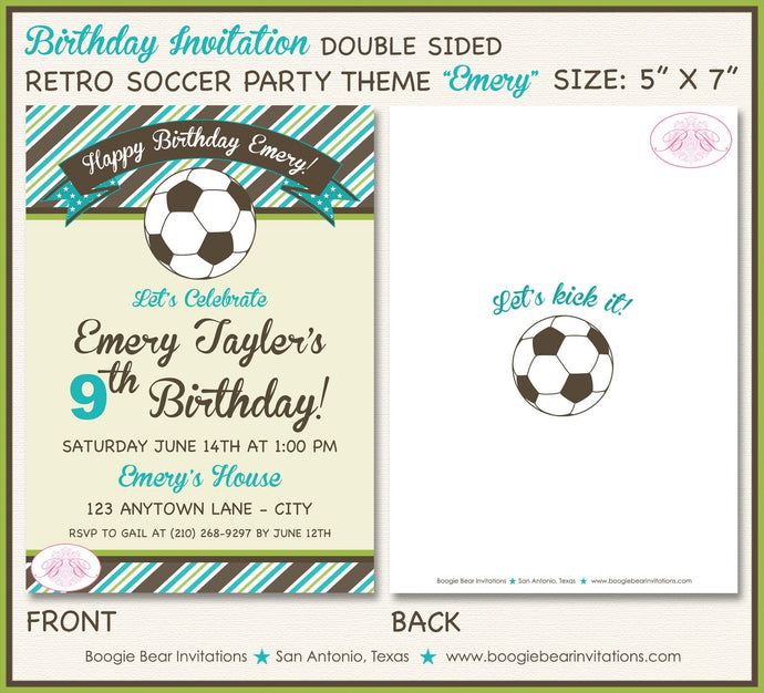 Retro Soccer Birthday Party Invitation Boy Girl Sports Aqua Blue Green Teal Boogie Bear Invitations Emery Theme Paperless Printable Printed