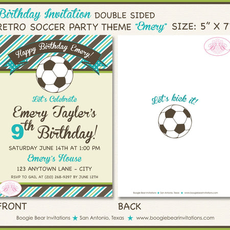Retro Soccer Birthday Party Invitation Boy Girl Sports Aqua Blue Green Teal Boogie Bear Invitations Emery Theme Paperless Printable Printed