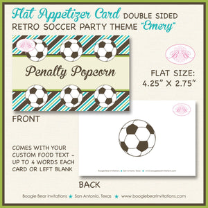 Retro Soccer Birthday Party Favor Card Appetizer Food Place Sign Label Game Boy Girl Teal Aqua Turquoise Boogie Bear Invitations Emery Theme