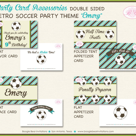 Retro Soccer Birthday Party Favor Card Appetizer Food Place Sign Label Game Boy Girl Teal Aqua Turquoise Boogie Bear Invitations Emery Theme