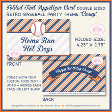 Load image into Gallery viewer, Retro Baseball Birthday Party Favor Card Appetizer Food Place Sign Label Softball Boy Girl Orange Blue Boogie Bear Invitations Casey Theme