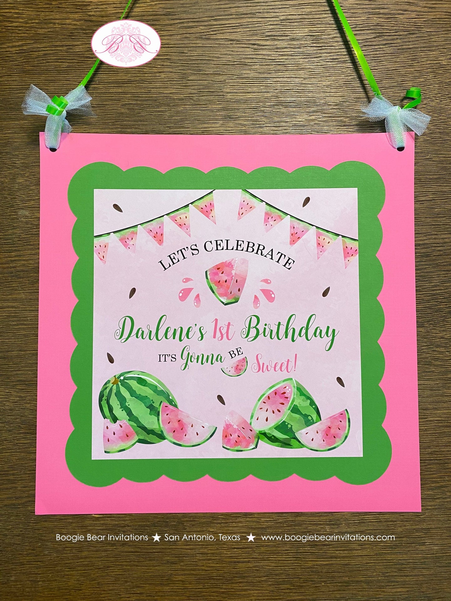 Pink Watermelon Birthday Party Door Banner Birthday Girl One In a Melon Two Sweet Green Summer Fruit Boogie Bear Invitations Darlene Theme