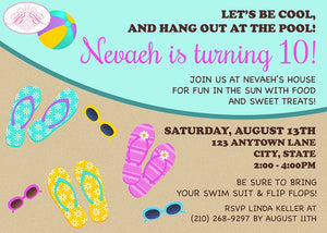 Flip Flop Pool Birthday Party Invitation Beach 1st 5th 6th 7th 8th 9th 10th Boogie Bear Invitations Nevaeh Theme Paperless Printable Printed