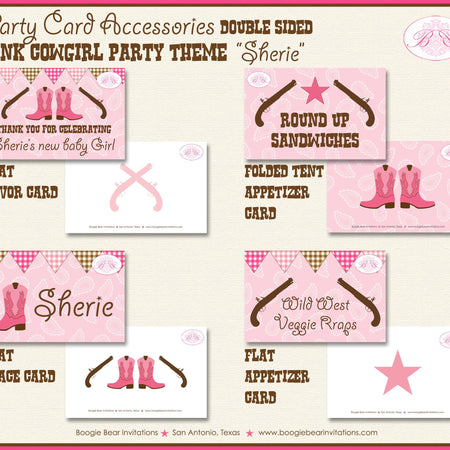 Pink Gunslinger Baby Shower Party Favor Card Tent Appetizer Food Place Favor Girl Cowgirl Boots Pistol Boogie Bear Invitations Sherie Theme