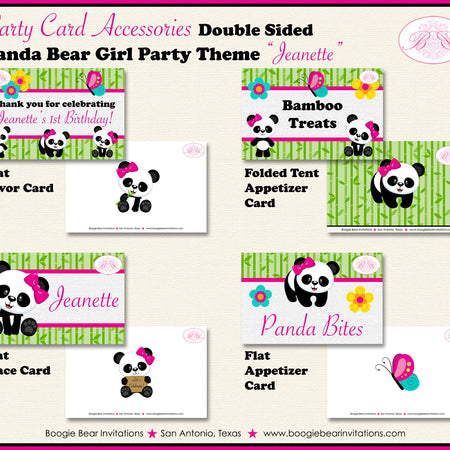 Panda Bear Birthday Party Favor Card Tent Place Food Girl Pink Green Flower Butterfly Wild Zoo Animal Boogie Bear Invitations Jeanette Theme