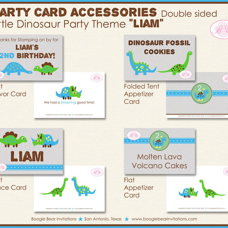 Little Dinosaur Birthday Favor Party Card Tent Place Food Appetizer Folded Tag Boy Girl Blue Green Brown Boogie Bear Invitations Liam Theme