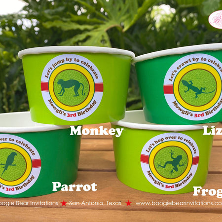 Rainforest Birthday Party Treat Cups Candy Rain Forest Reptile Green Parrot Monkey Frog Jungle Reptile Boogie Bear Invitations Mowgli Theme