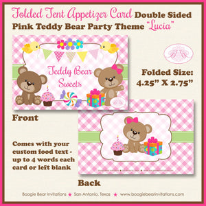 Pink Teddy Bear Birthday Party Favor Card Appetizer Food Place Sign Label Girl Picnic Summer Garden Bird Boogie Bear Invitations Lucia Theme