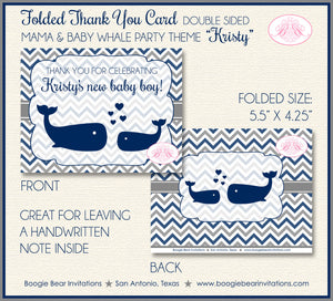 Navy Blue Whale Baby Shower Thank You Card Favor Boy Girl Party Grey Silver White Chevron 1st Boogie Bear Invitations Kristy Theme Printed