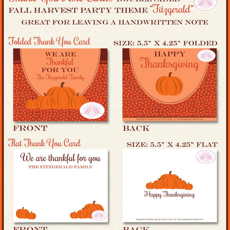 Fall Harvest Thanksgiving Thank You Cards Flat Folded Note Dinner Pumpkin Autumn Orange 1st Boogie Bear Invitations Fitzgerald Theme Printed