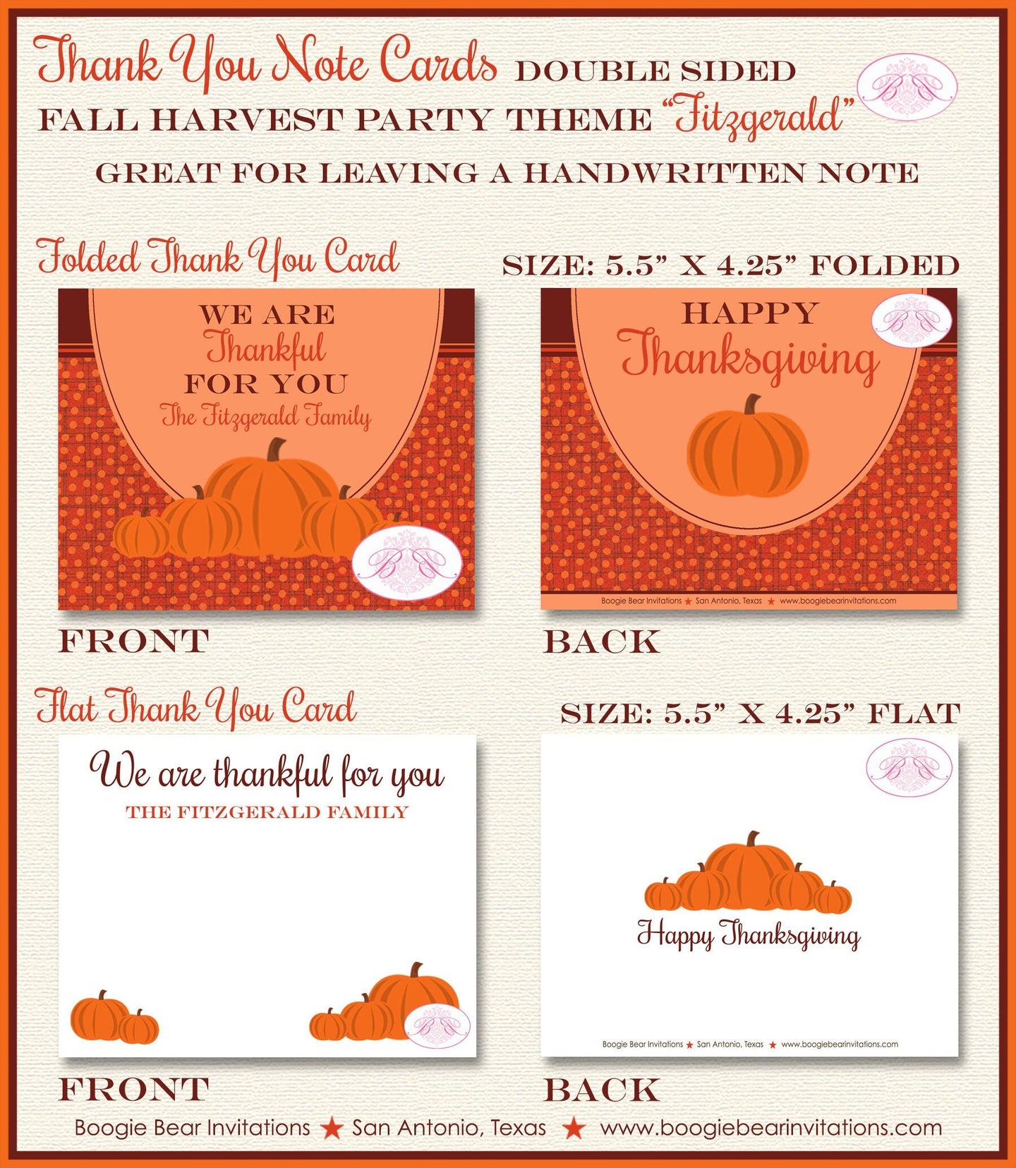 Fall Harvest Thanksgiving Thank You Cards Flat Folded Note Dinner Pumpkin Autumn Orange 1st Boogie Bear Invitations Fitzgerald Theme Printed
